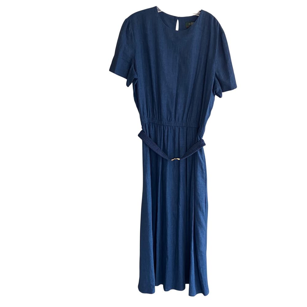 Orvis Blue Dress Belted Elastic Waist Linen Rayon Modest Plain Conservative 18